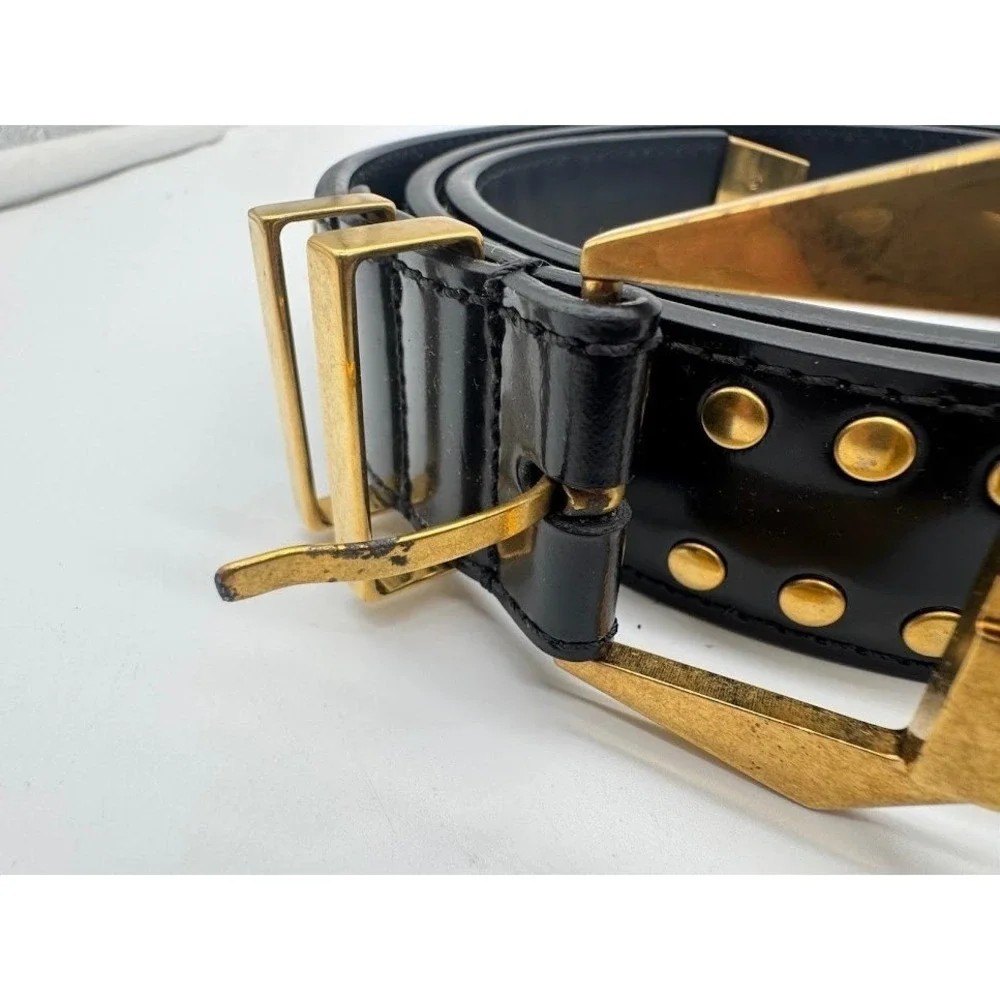 Versace Black Leather Studded Belt Gold Medusa Head Geometric Buckle Waist Belt